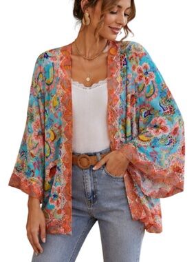 Taj by sabrina crippa Turquoise Floral Beach Kimono size S